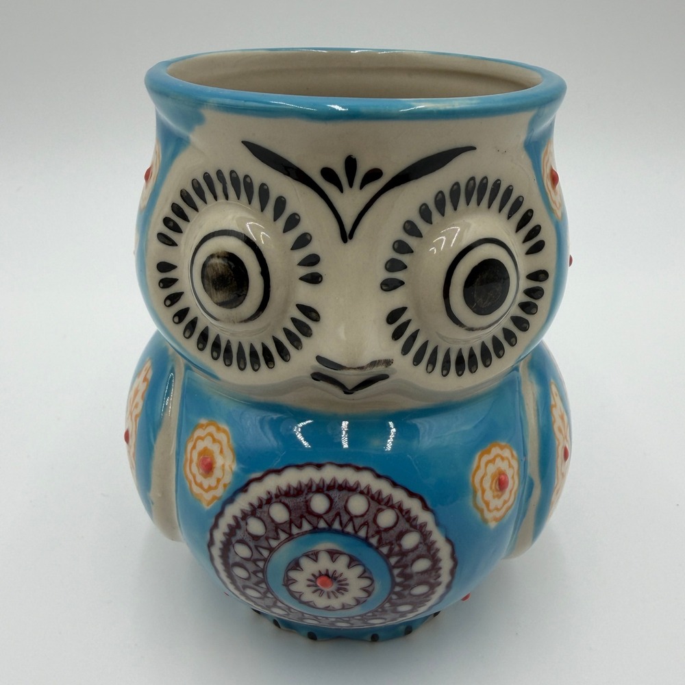 Yokohama Studio Royal Figural Owl Mug Hand Painted Blue Yellow Big Eyes 3D Royal